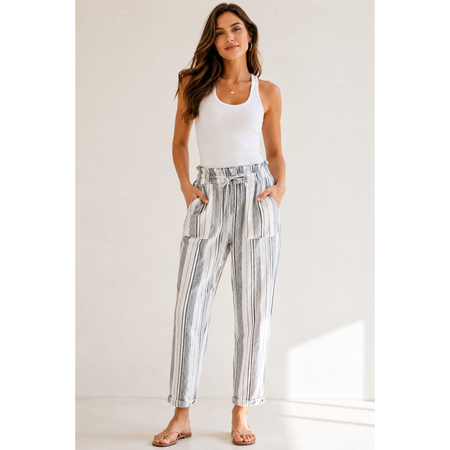 Soho Street New York & Company Linen Blend Striped Paperbag Waist Pants Medium